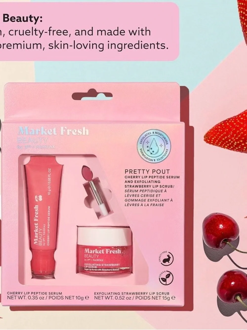 Market Fresh Beauty Cherry Lip Serum & Exfoliating Strawberry Lip Set - Pink NIB